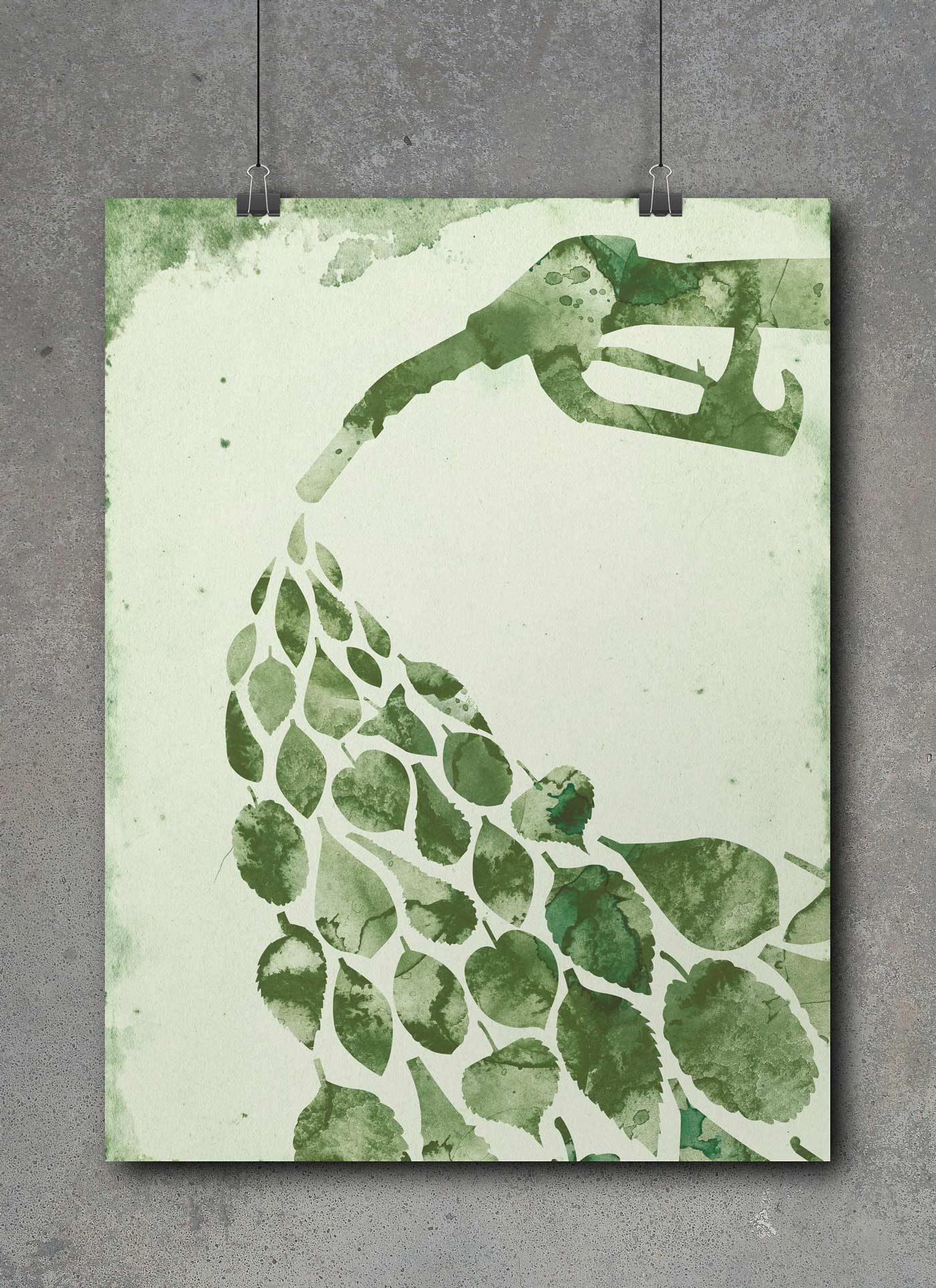 poster of gasoline drops transforming into leaves
